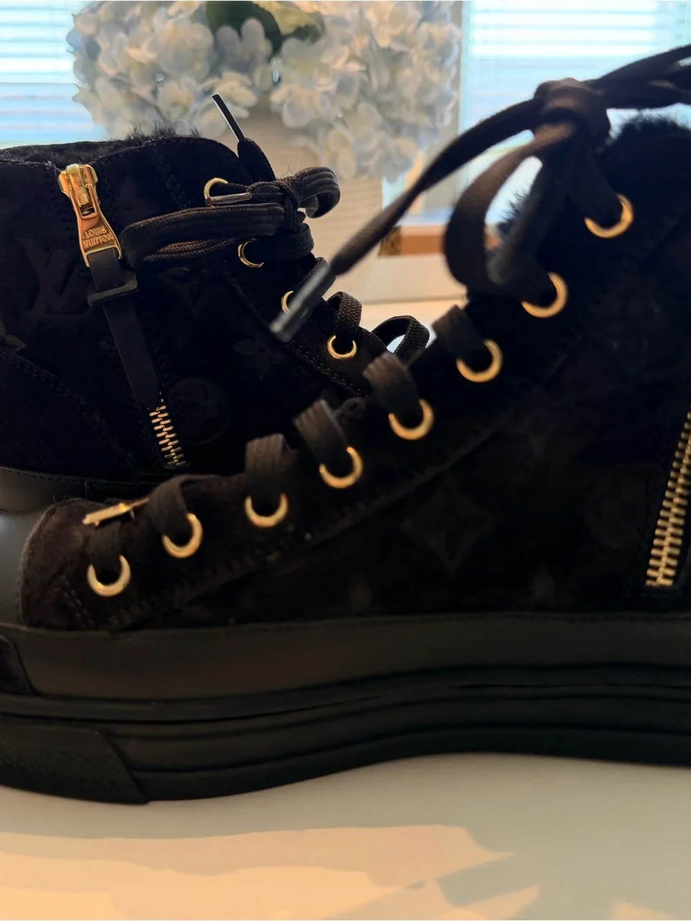 Black Suede Monogram Louis Vuitton High-Top Sneakers with Fur Inside